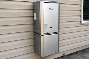 Outdoor HVAC unit beside a beige house wall, with two stacked metal cabinets.