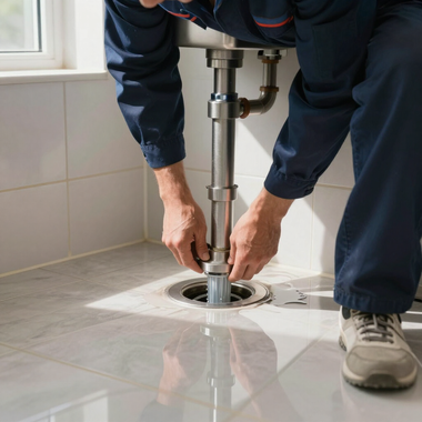Plumber unclogging a bathroom sink drain with a tool on a tiled floor