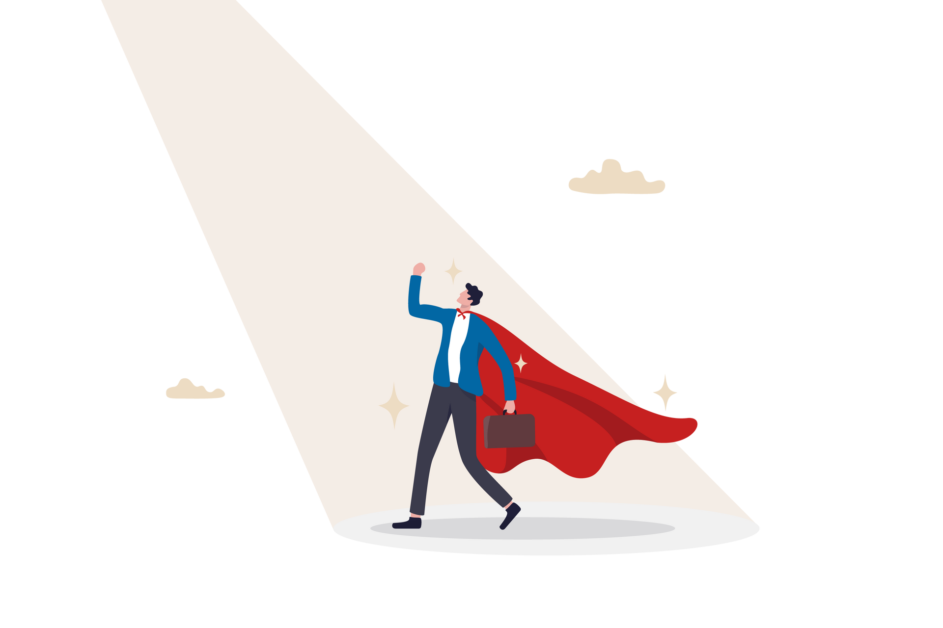 Businessman with a red cape, briefcase, and raised arm, illuminated by a spotlight.