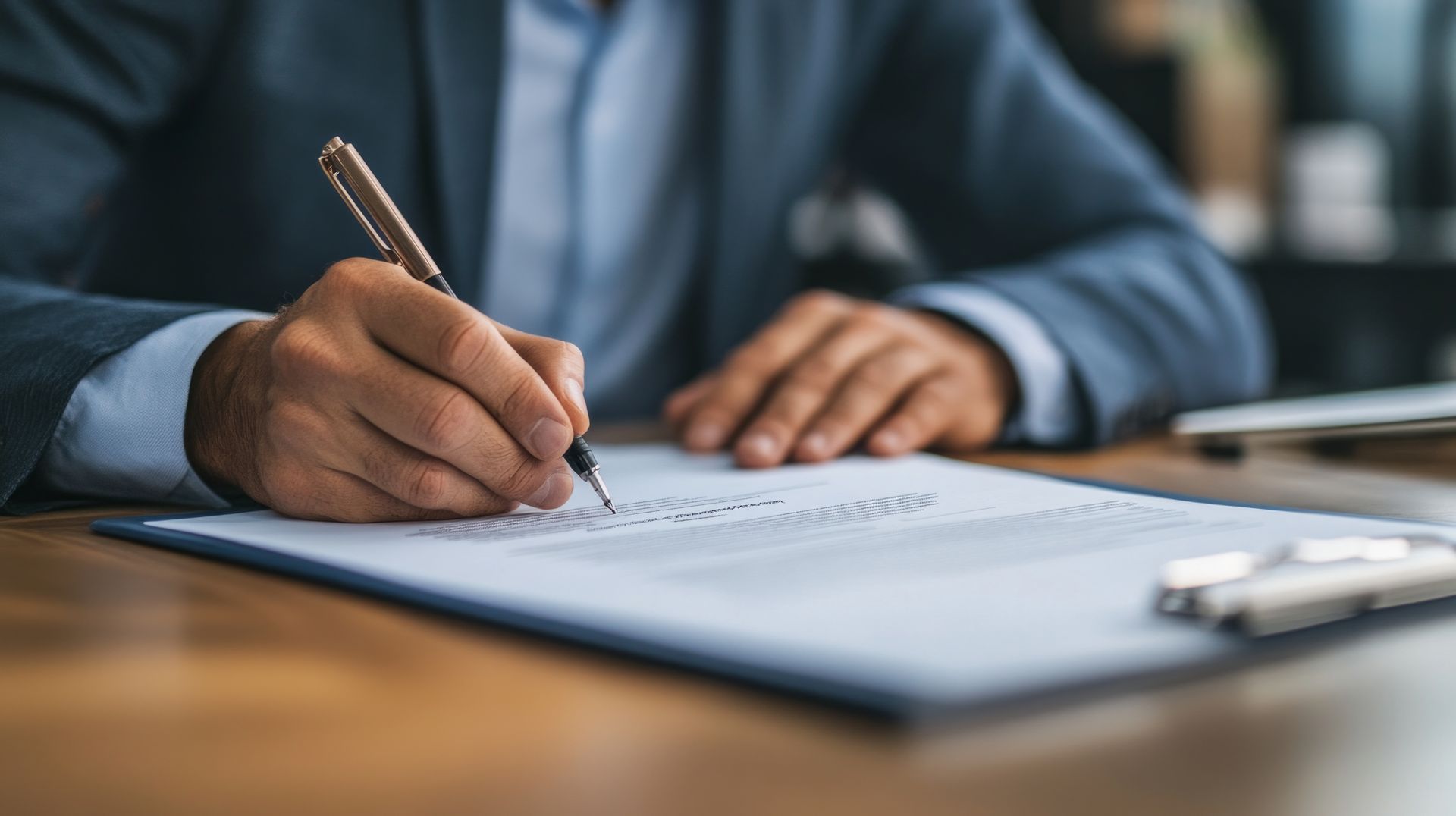 Man in suit signing a document with a pen at a wooden desk, close-up shot.