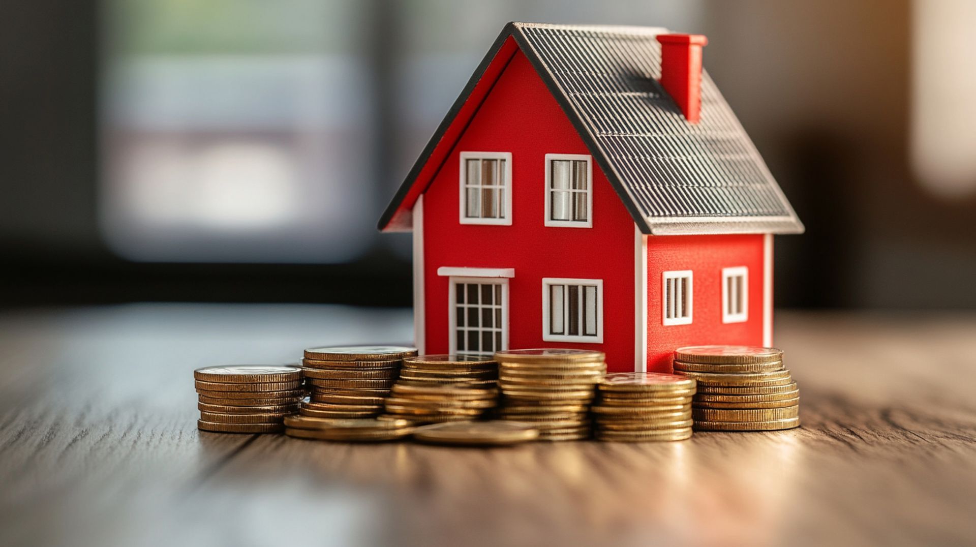 A red house is sitting on top of a pile of coins on a wooden table.