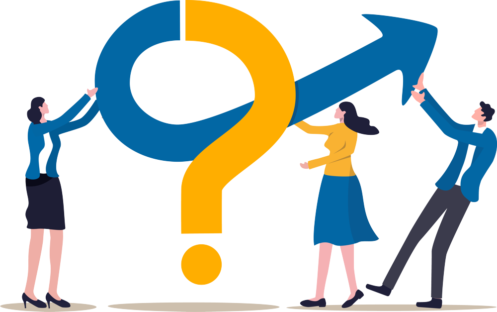 People looking at a question mark symbol.