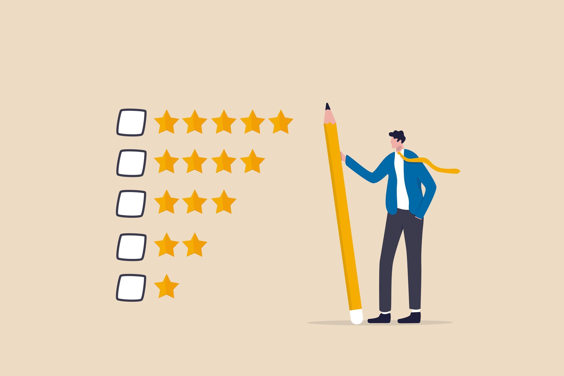 Man reviewing with pencil; rating stars on a checklist.