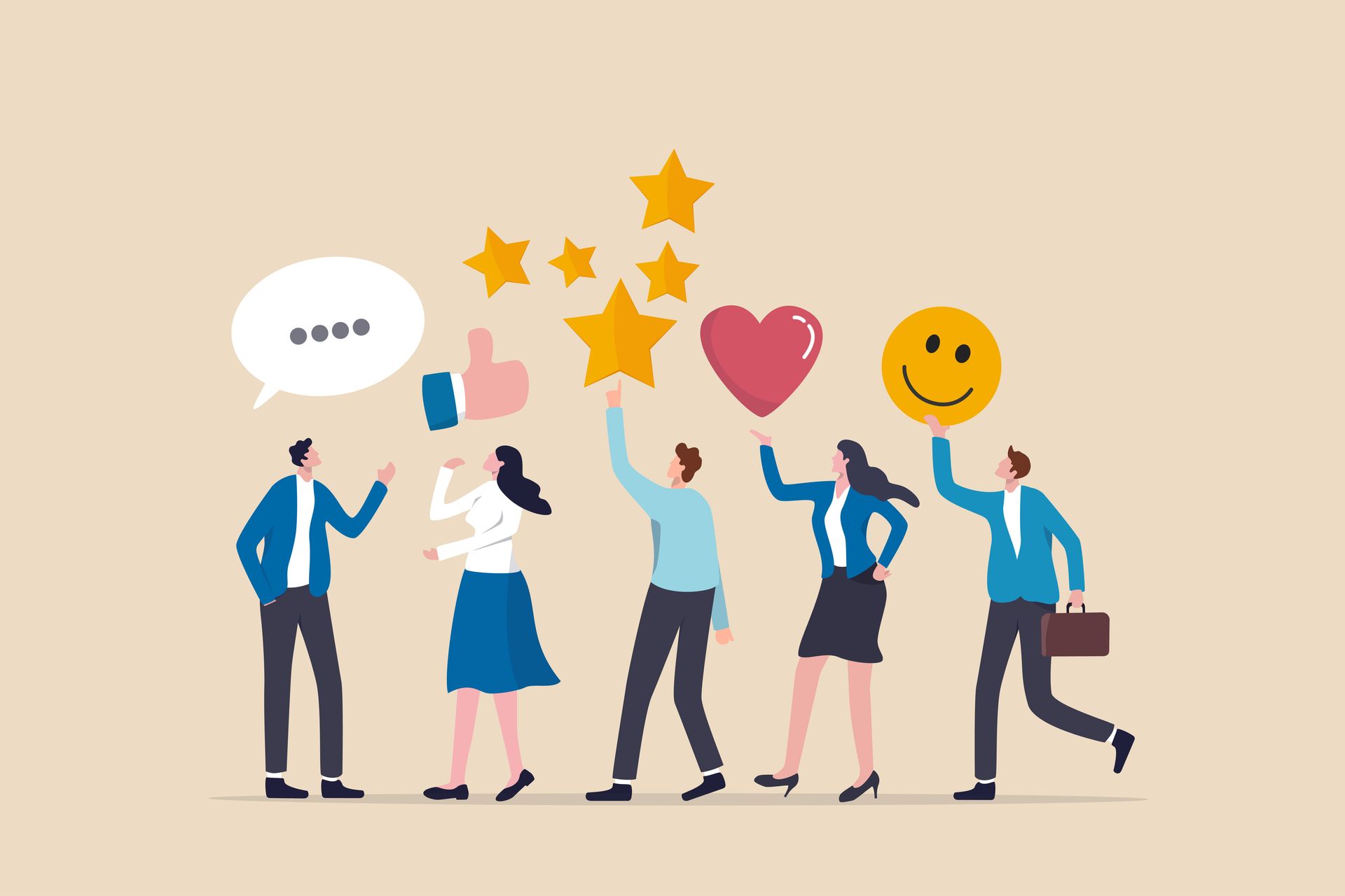 People holding up positive symbols like stars, hearts, and a smiley face.