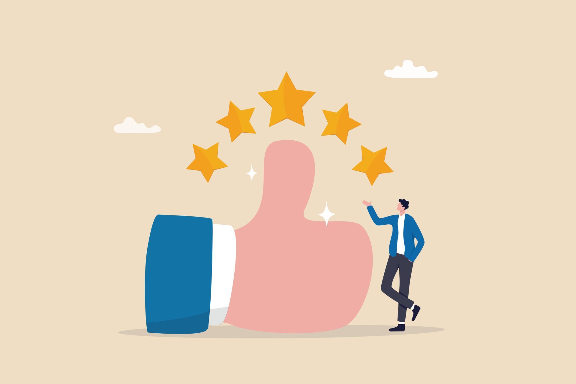 Giant thumbs up with five stars above it; person points to it.