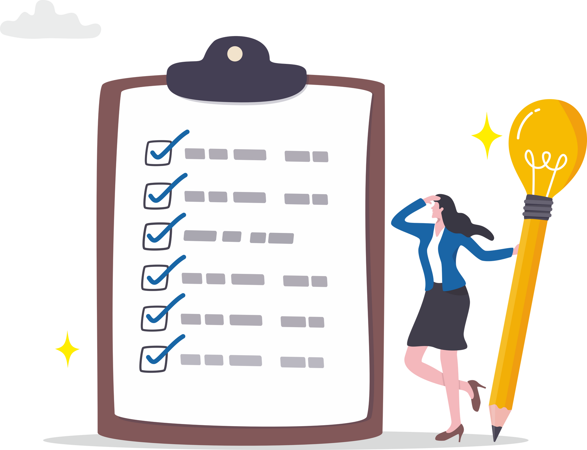 A woman is standing next to a light bulb and a clipboard with a checklist on it.
