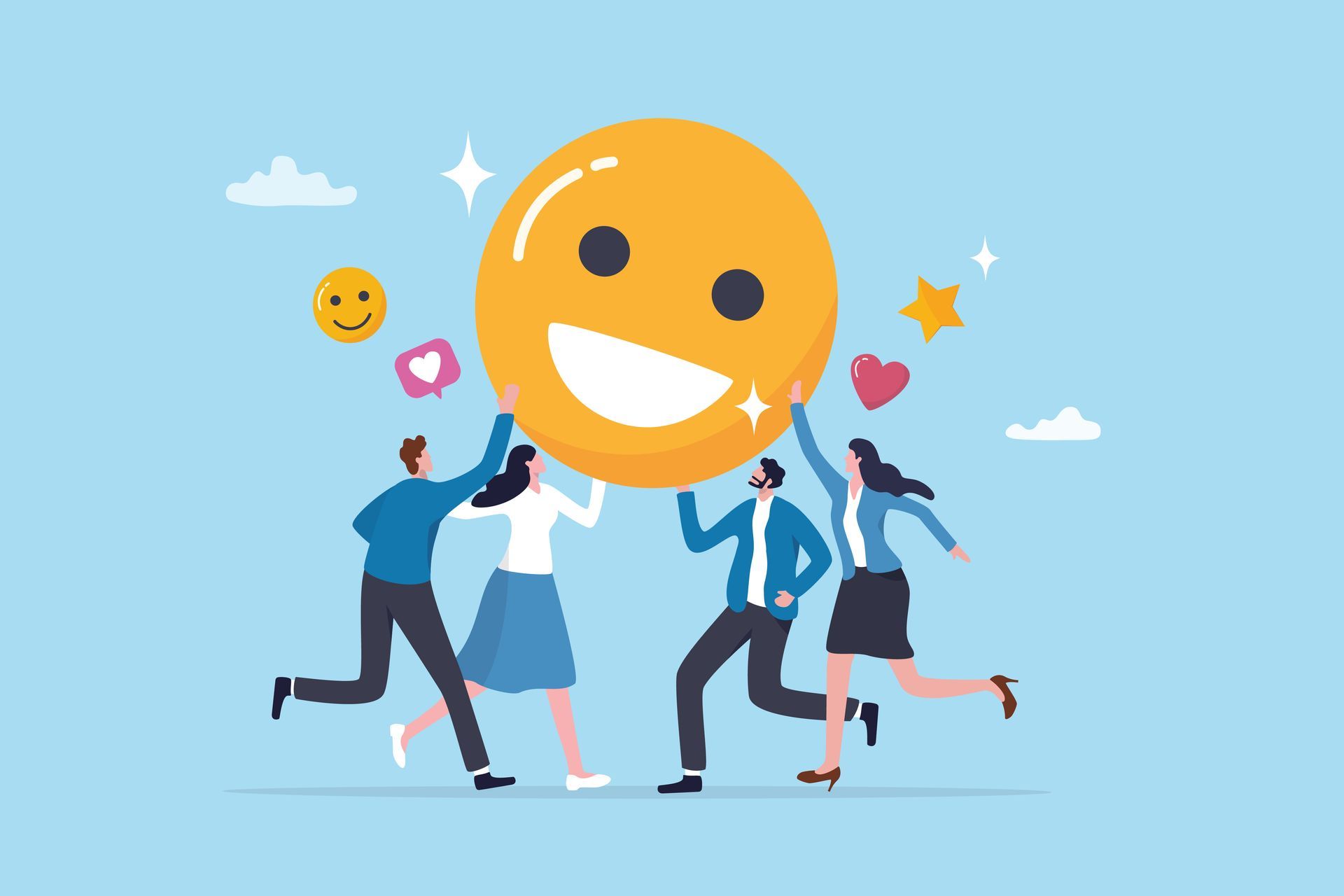 Four people lifting a large smiling emoji, symbolizing happiness and teamwork.