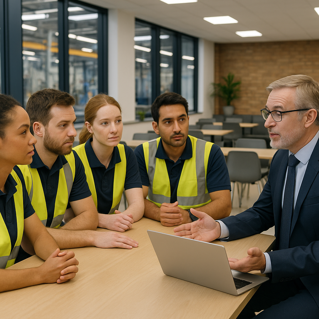 A middle aged mortgage advisor in a suit is sitting at a table talking to staff members of a factory in Wirral.