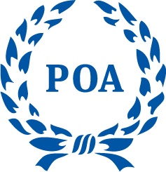A blue logo for poa with a laurel wreath