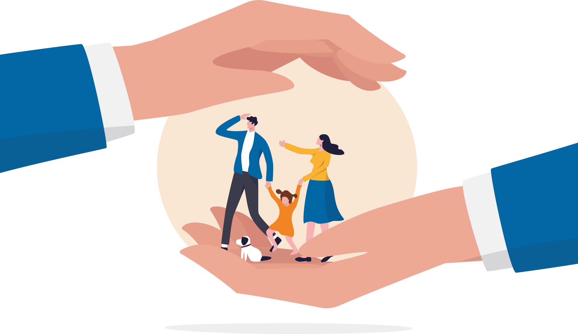 Hands protect a family within a circle. Man and woman with child look toward something.