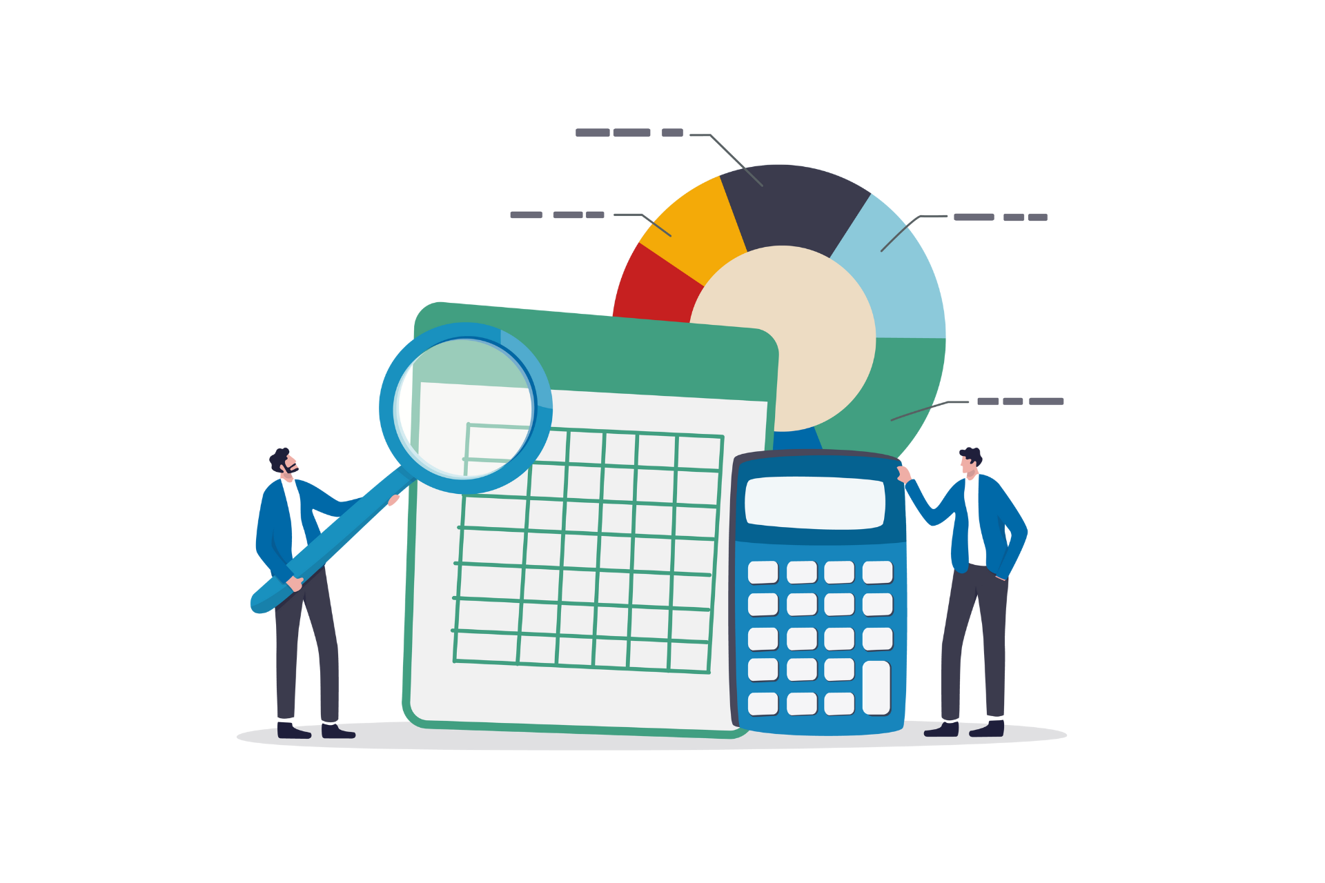 Two men are standing next to a calculator and a magnifying glass.