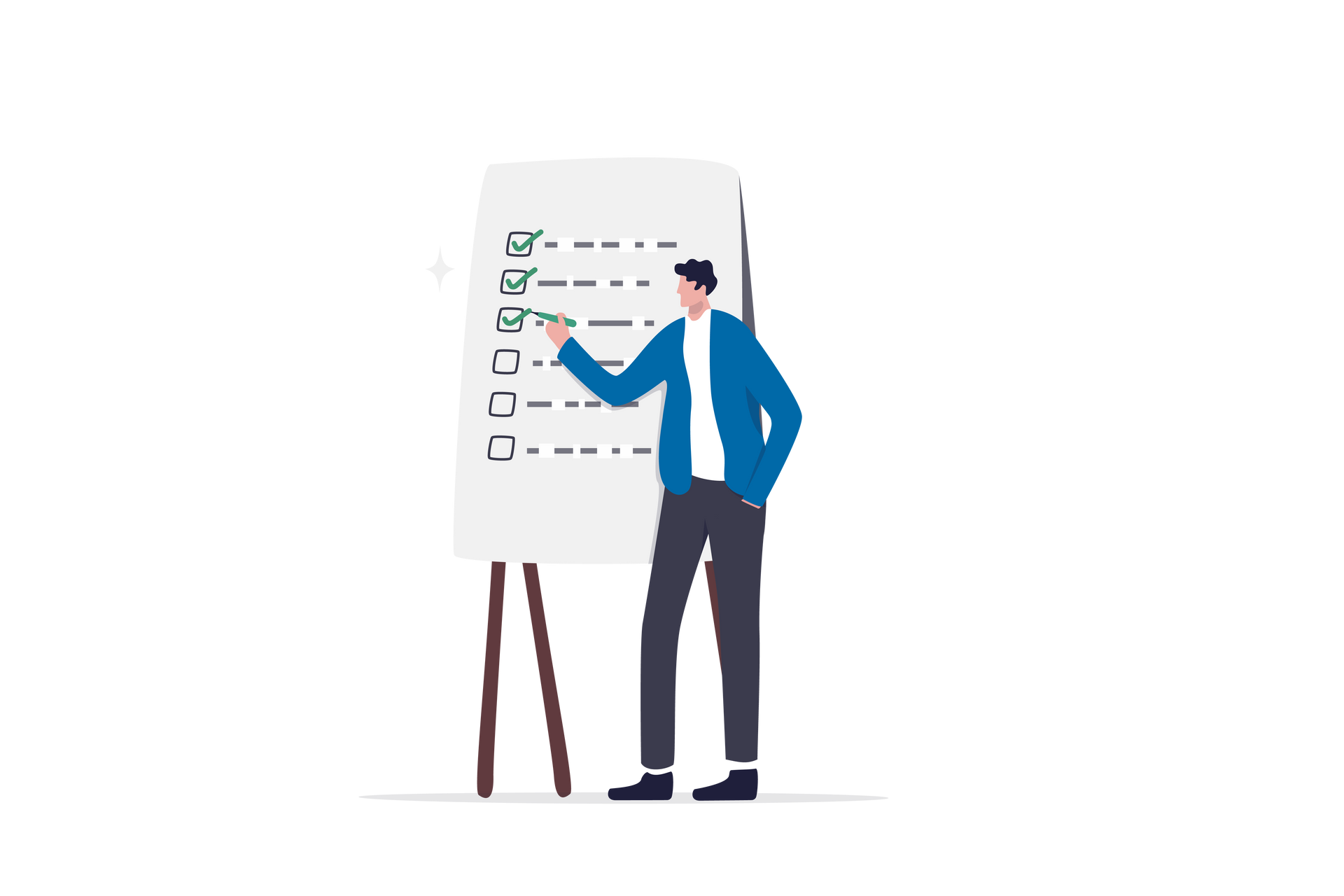 A man is standing in front of a whiteboard with a checklist on it.