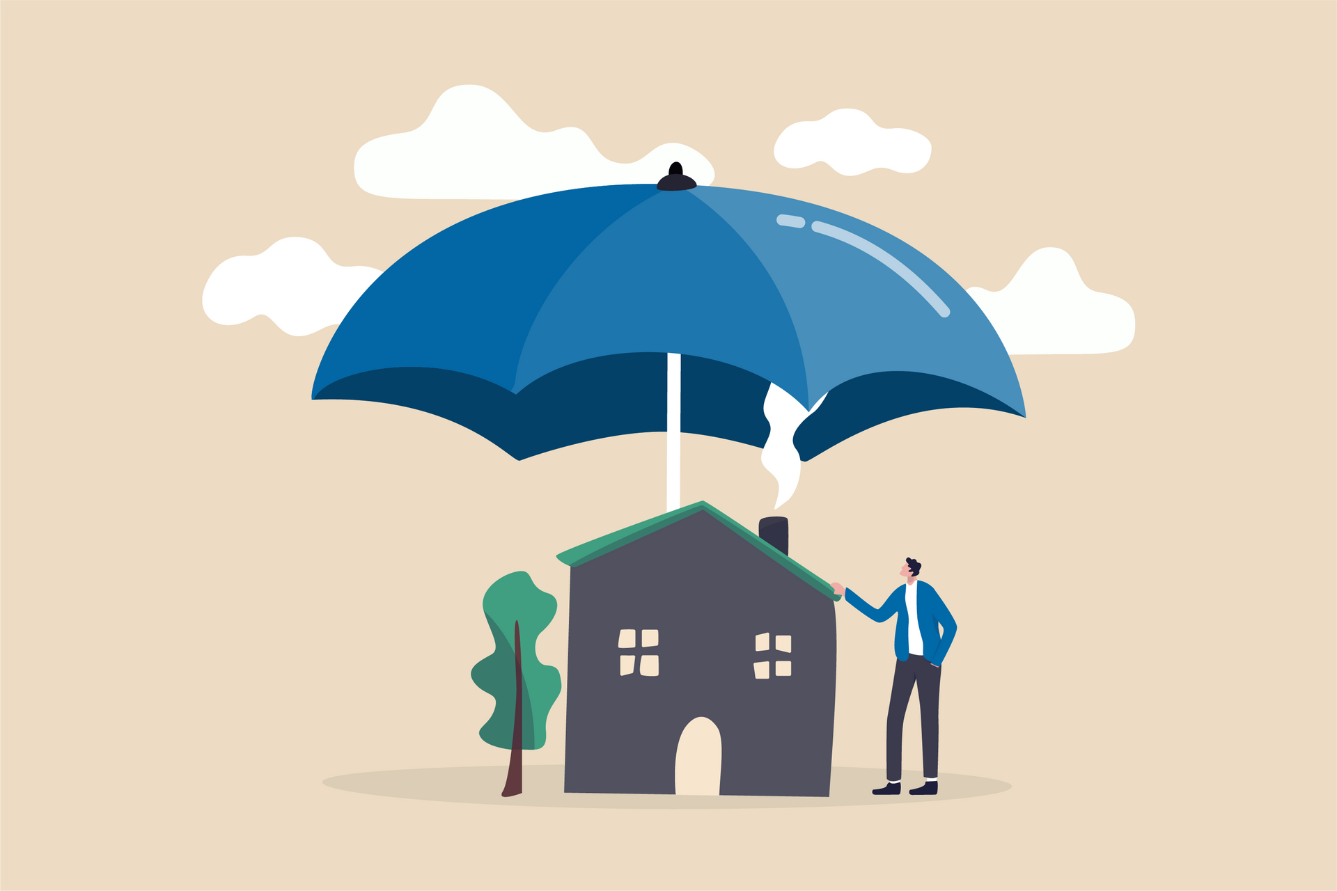 A man is holding an umbrella over a house.