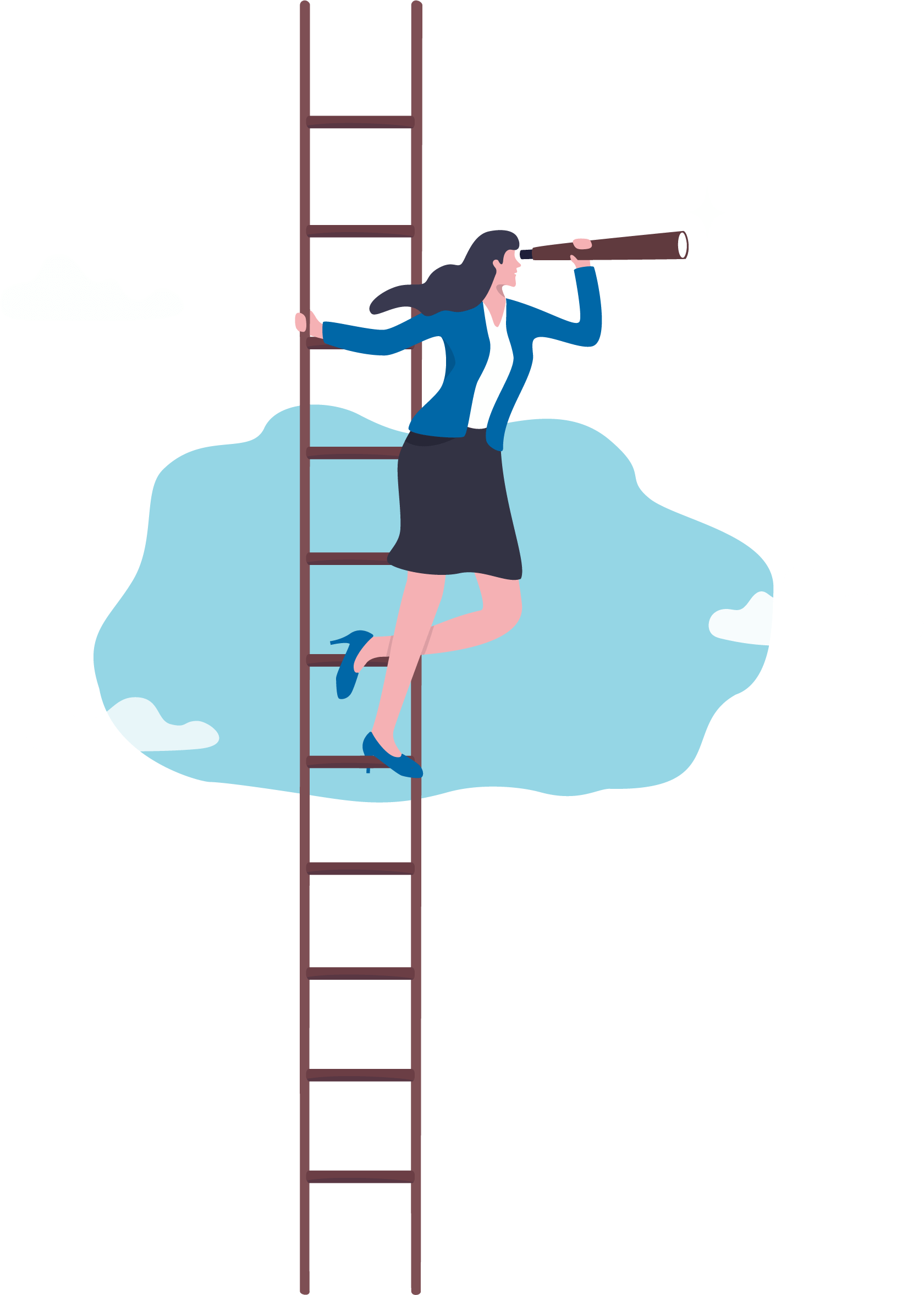 A woman is climbing a ladder while looking through a telescope.