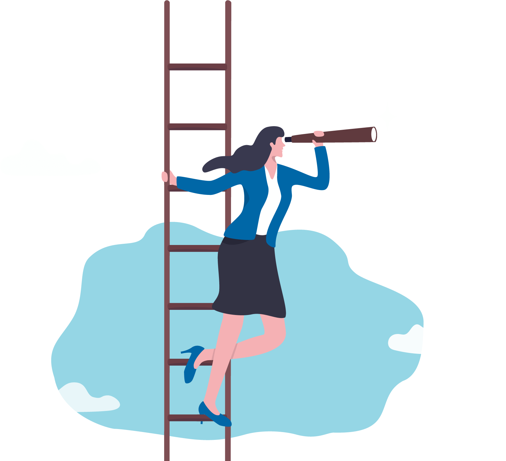 A woman is climbing a ladder while looking through a telescope.