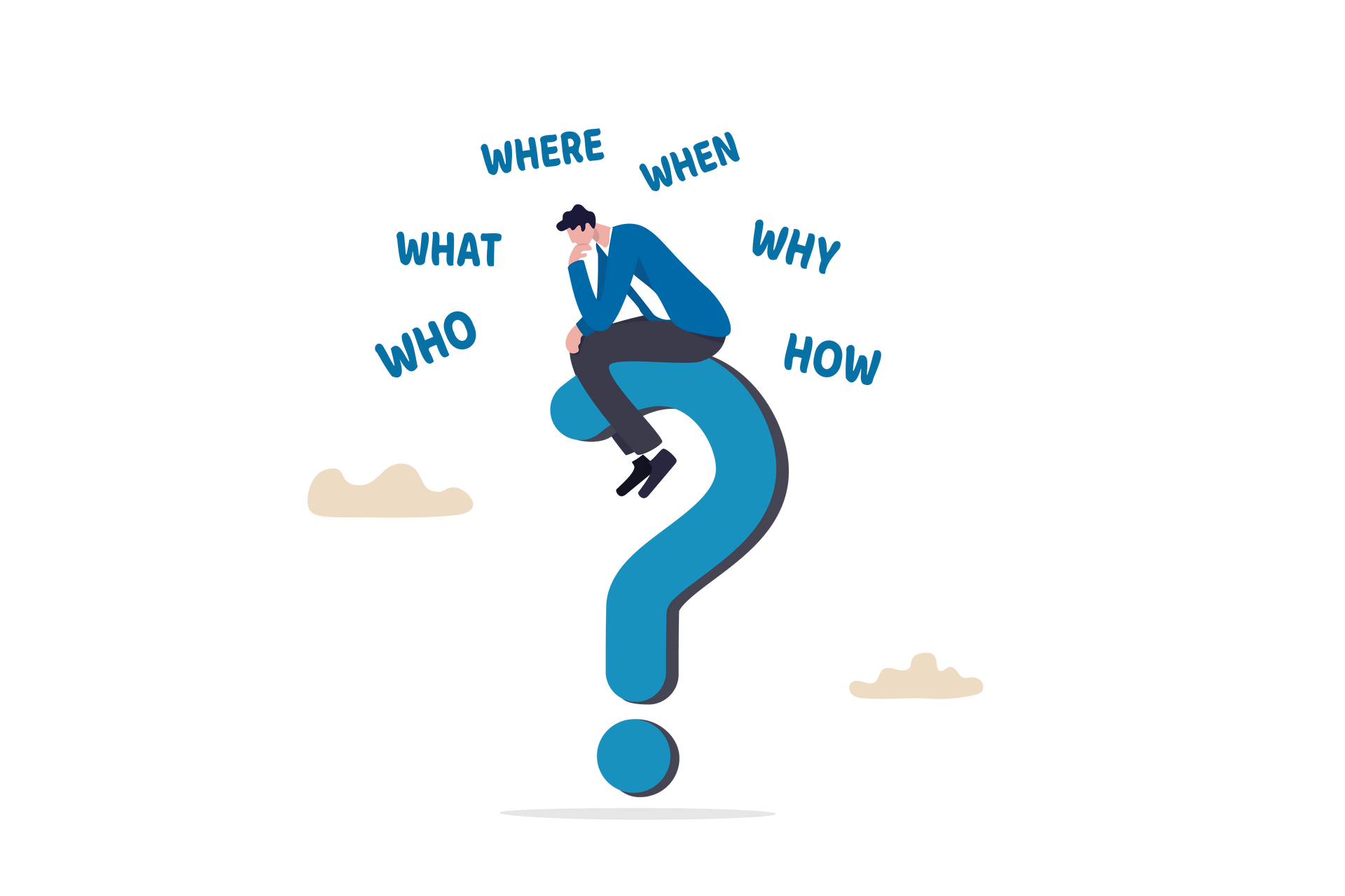A man is sitting on top of a question mark surrounded by questions.