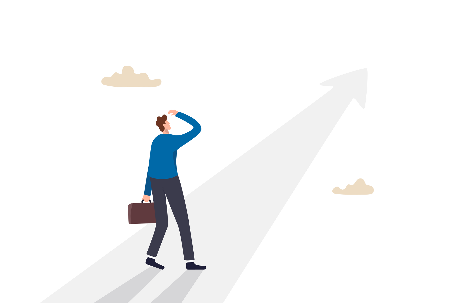 A man with a briefcase is standing on a road looking at an arrow.