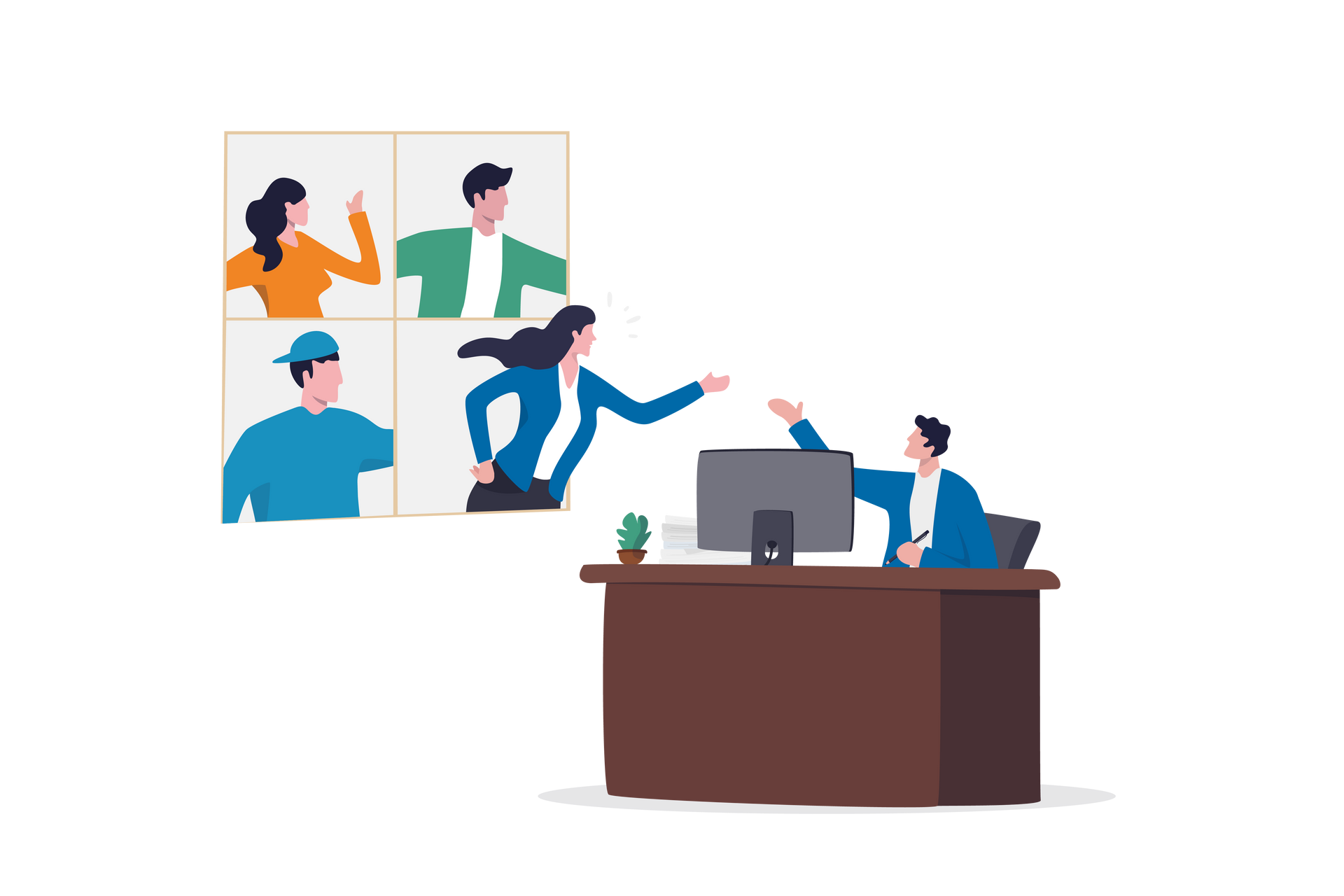 A man is sitting at a desk having a video call with a group of people.