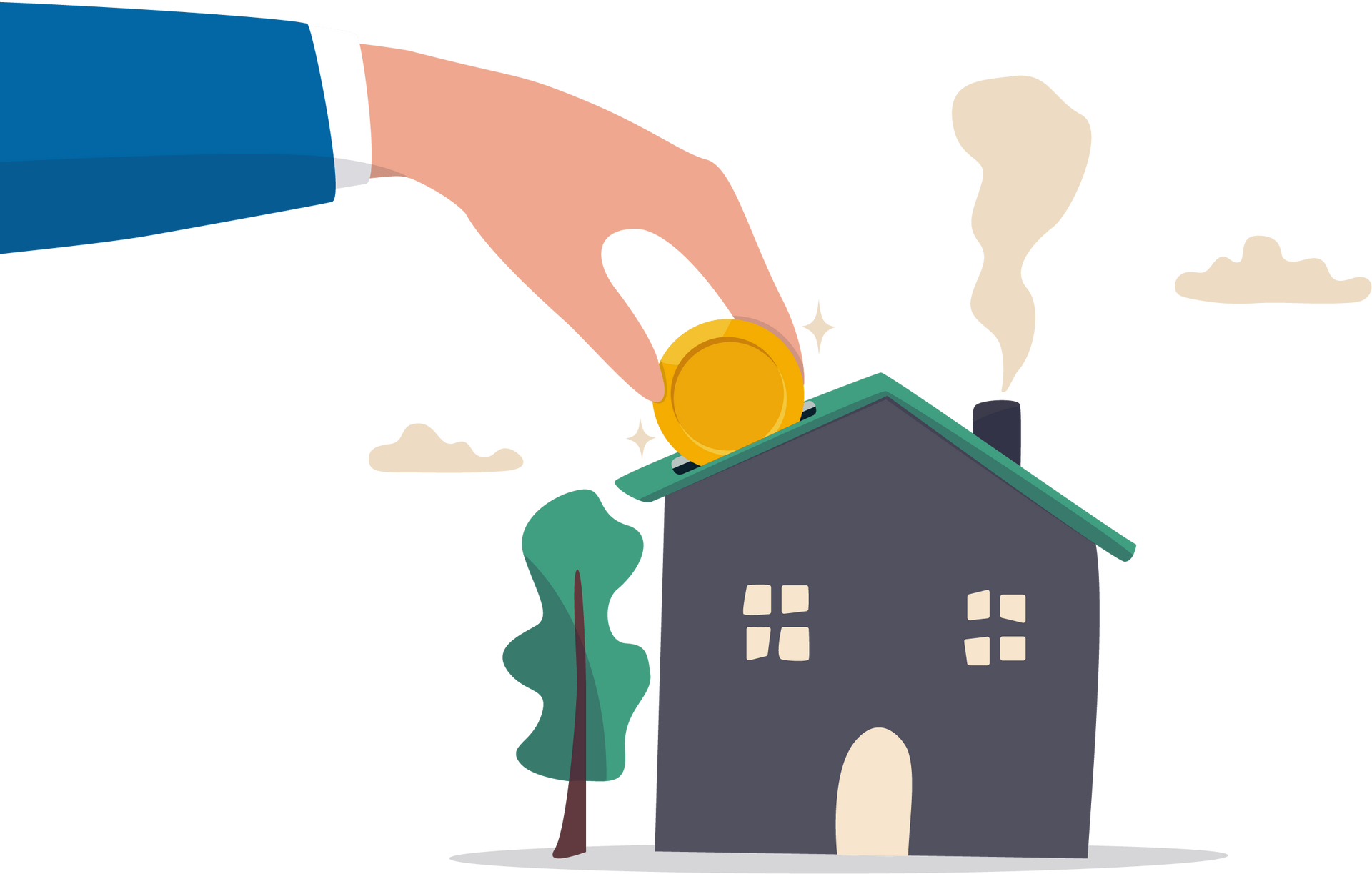A hand is putting a coin into a house like a piggy bank.