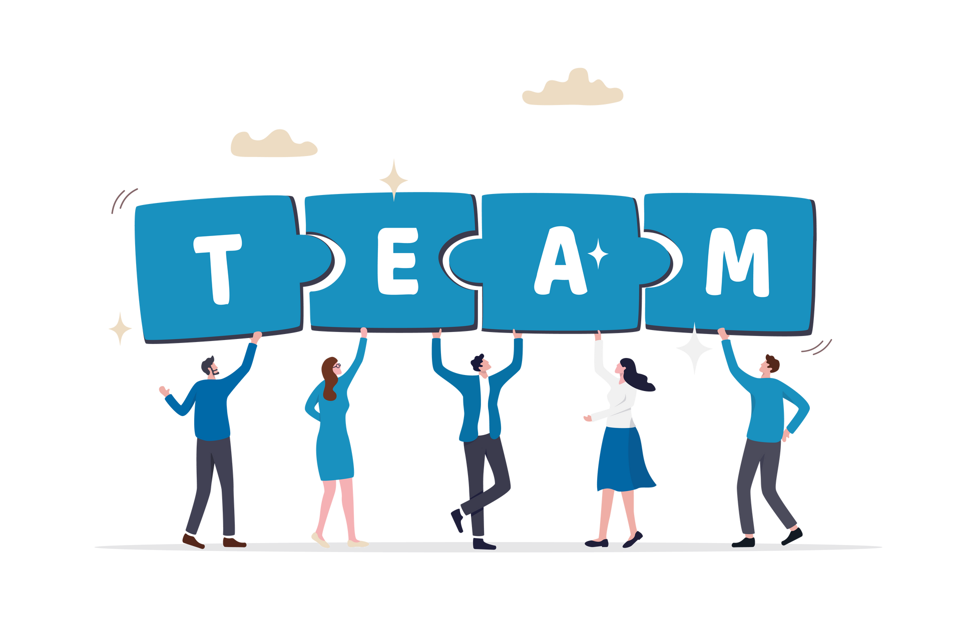 Five people holding puzzle pieces forming the word TEAM. Blue, white, and neutral tones.