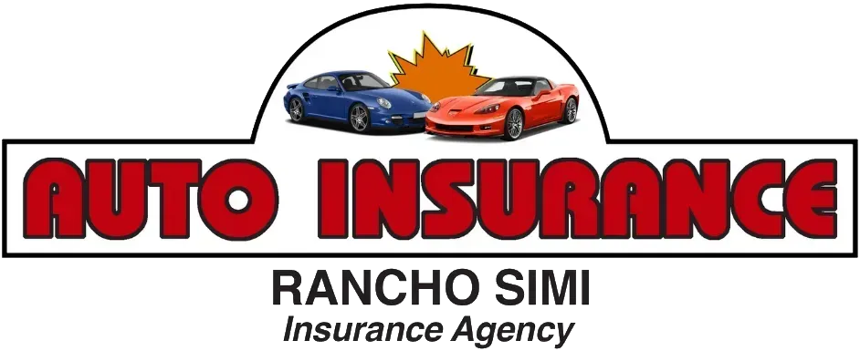 Logo for Rancho Simi Auto Insurance featuring two cars, a blue and an orange one, and the words