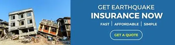 Buildings damaged by an earthquake with text promoting earthquake insurance. The text says 