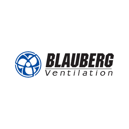A blue and black logo for blauberg ventilation with a fan in the middle.