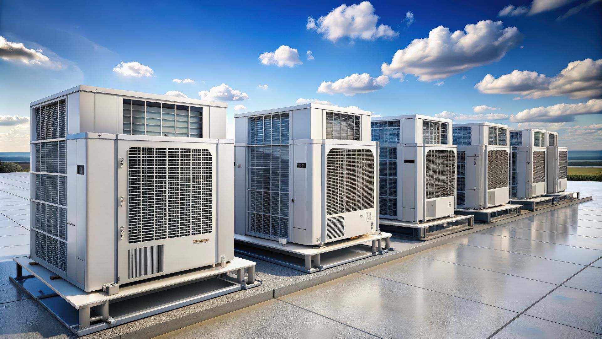 A row of air conditioners are sitting on top of a roof.