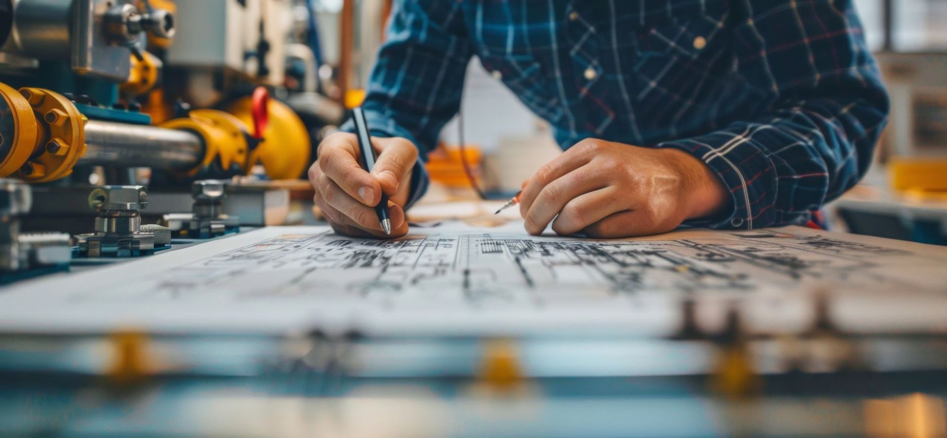 A man is writing on a piece of paper in a factory.