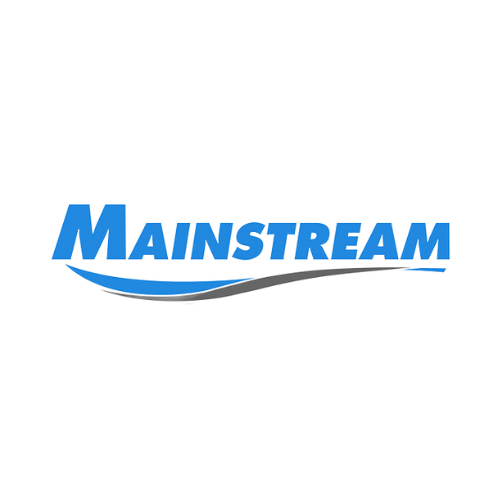 The mainstream logo is blue and gray and looks like a wave.