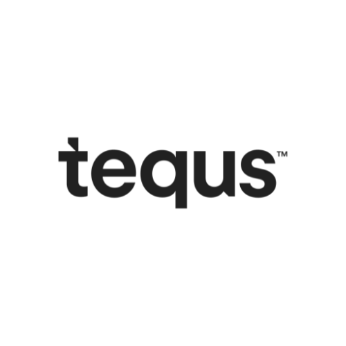 A black and white logo for tequs on a white background.