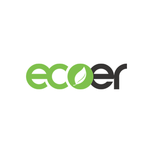 The logo for ecoer is green and black with a leaf in the middle.