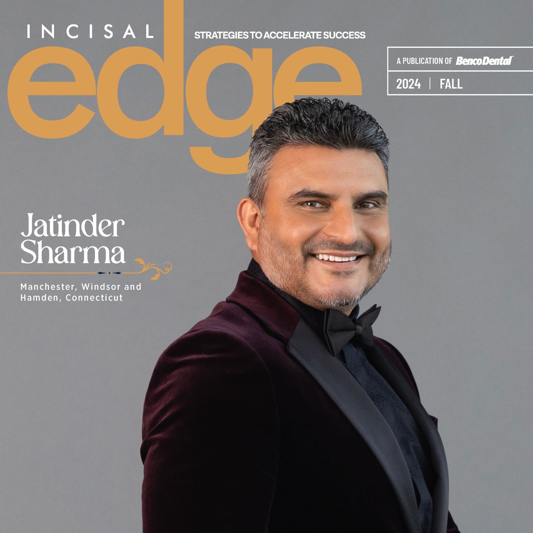 Magazine cover featuring Jatinder Sharma smiling in a dark velvet jacket on a gray background