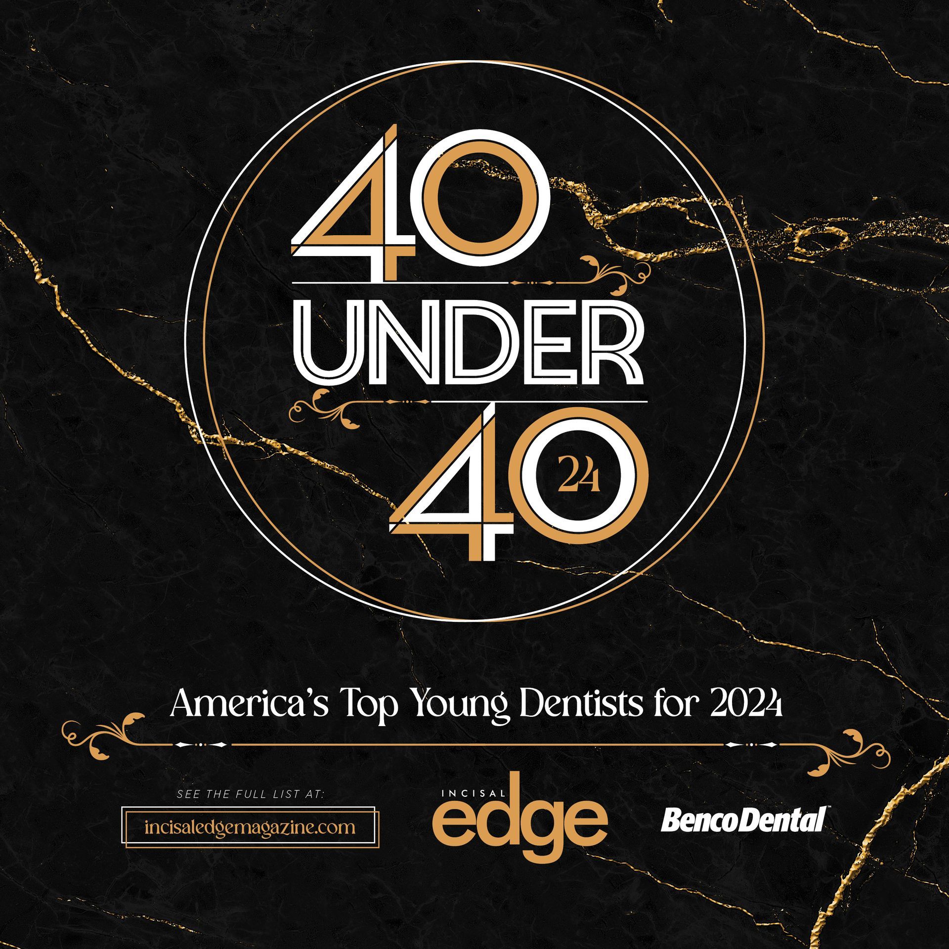 40 Under 40 award graphic on black and gold background, with