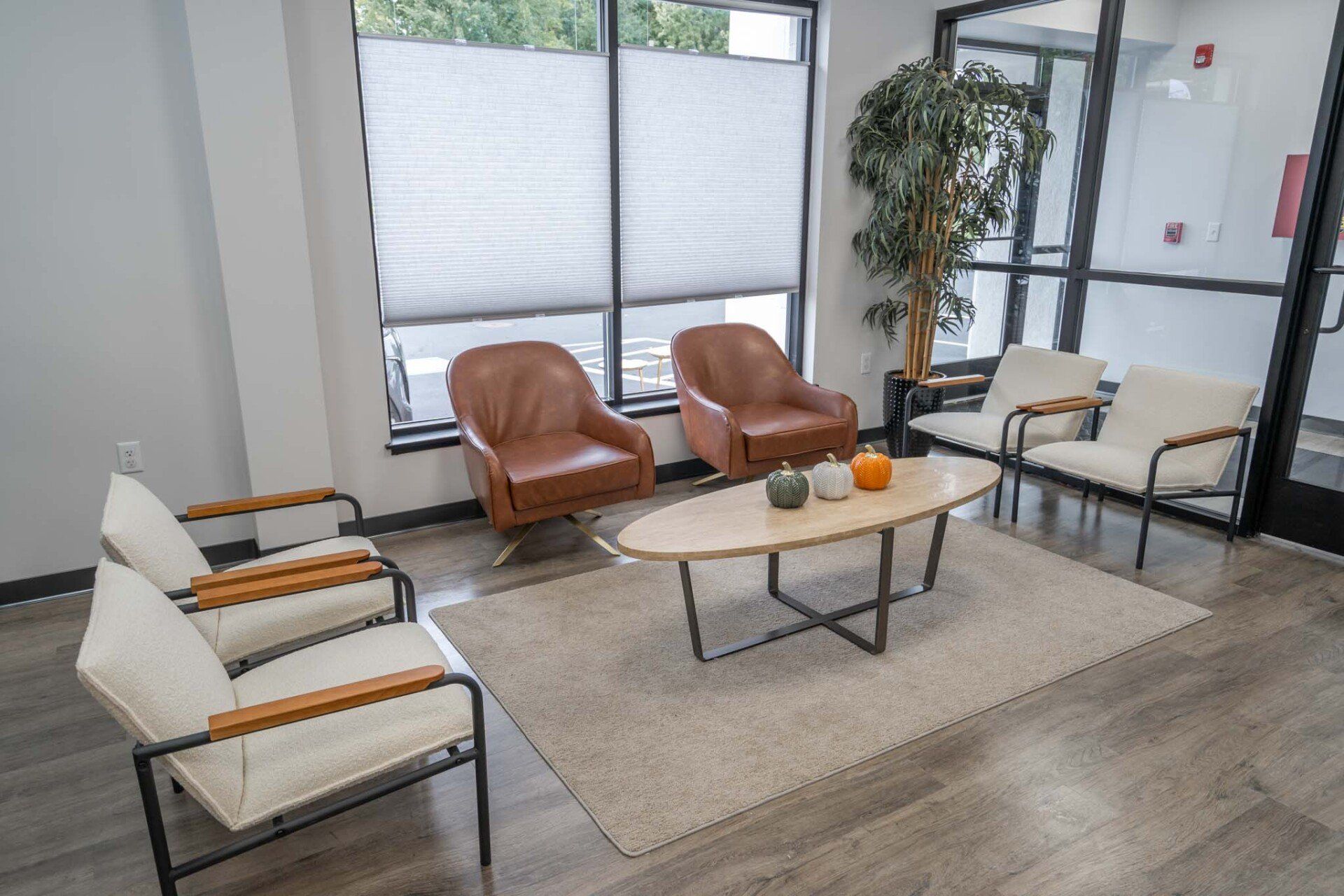 Modern waiting area with white and tan chairs, two brown lounge chairs, coffee table, rug, and large windows