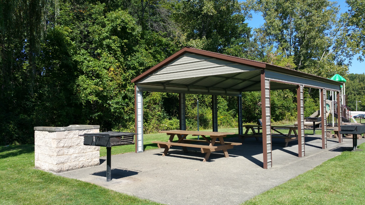 A picnic shelter with tables and grills in a park.
