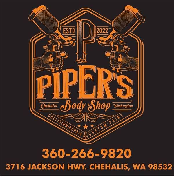 Orange and black Piper’s Body Shop logo with crossed tools, phone number, and Yakima, WA address