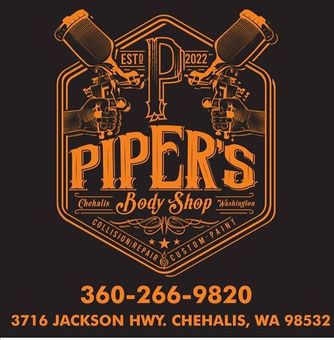 Orange and black Piper’s Body Shop logo with crossed tools, phone number, and Yakima, WA address