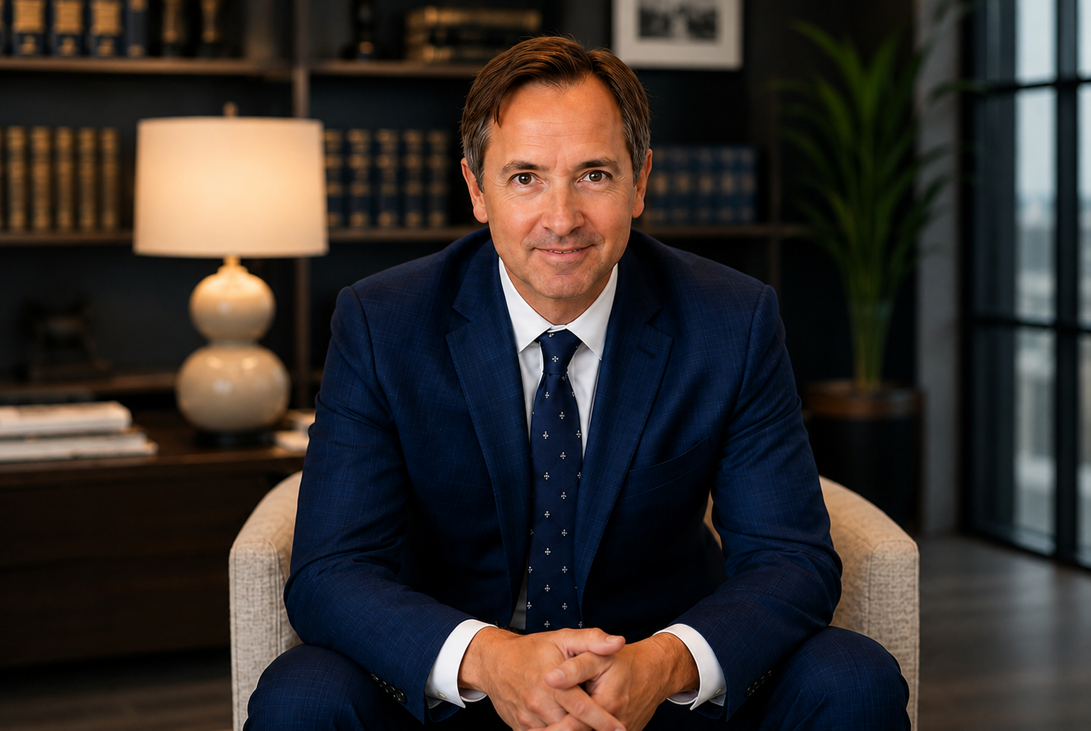 Man in a navy suit sitting in a modern office, hands clasped and smiling at the camera.