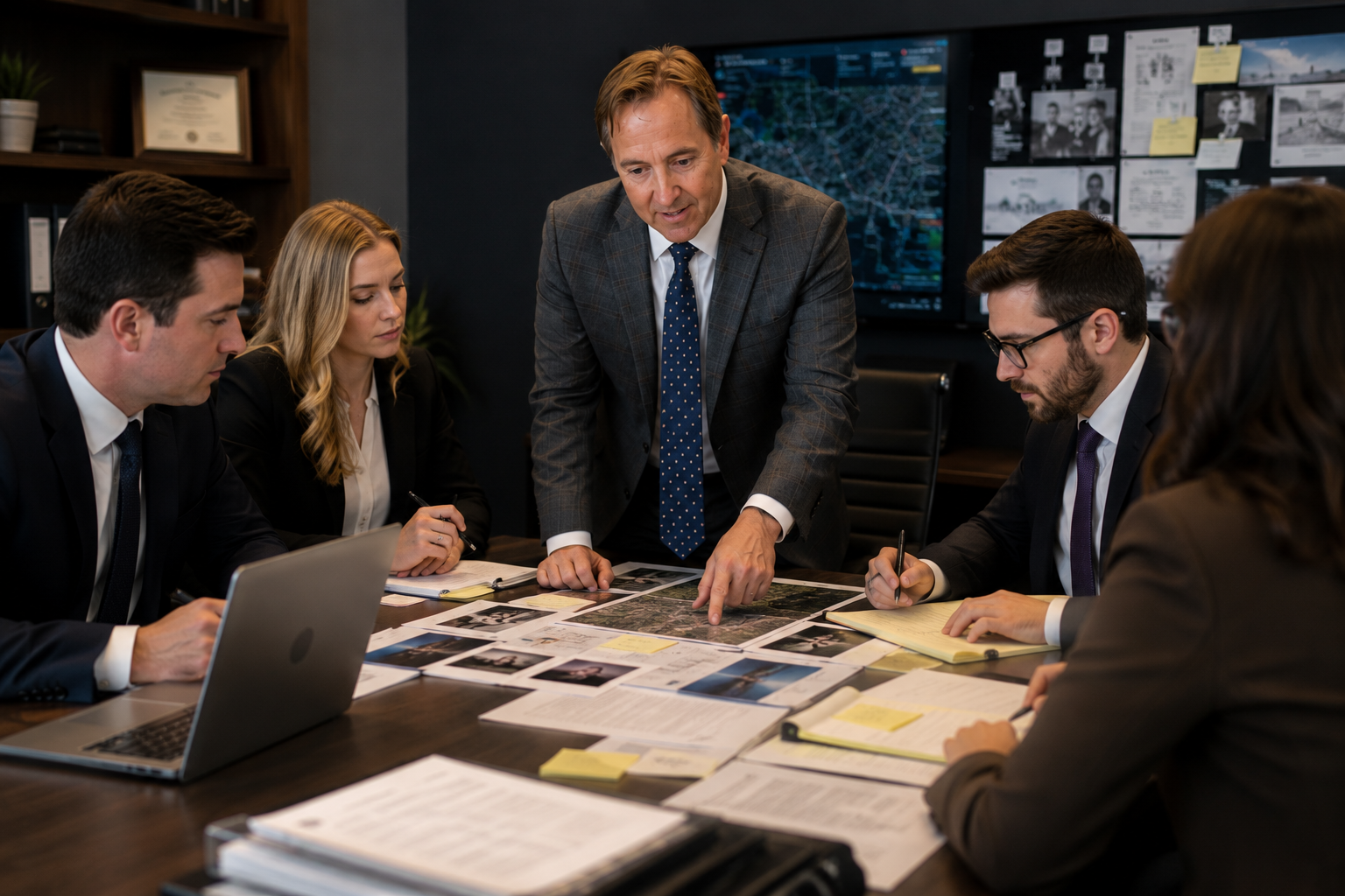 Business team in a meeting, reviewing documents around a table with a wall of screens behind them.