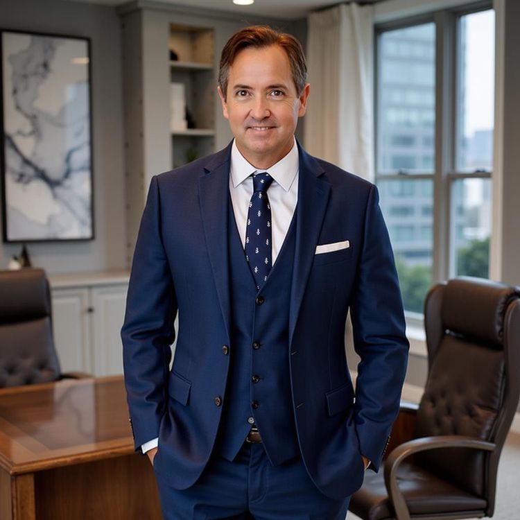 Michael Bullotta in blue suit, smiling, standing in office, hands in pockets.