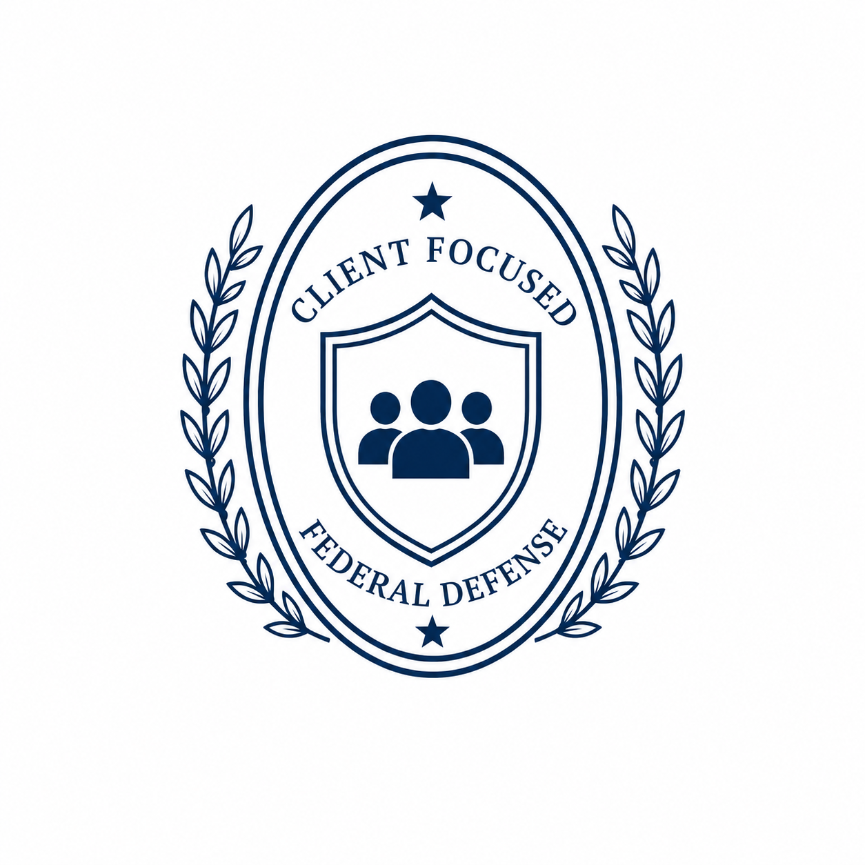 Blue legal shield logo with people icon, laurel wreath, and text “Client Focused Federal Defense”