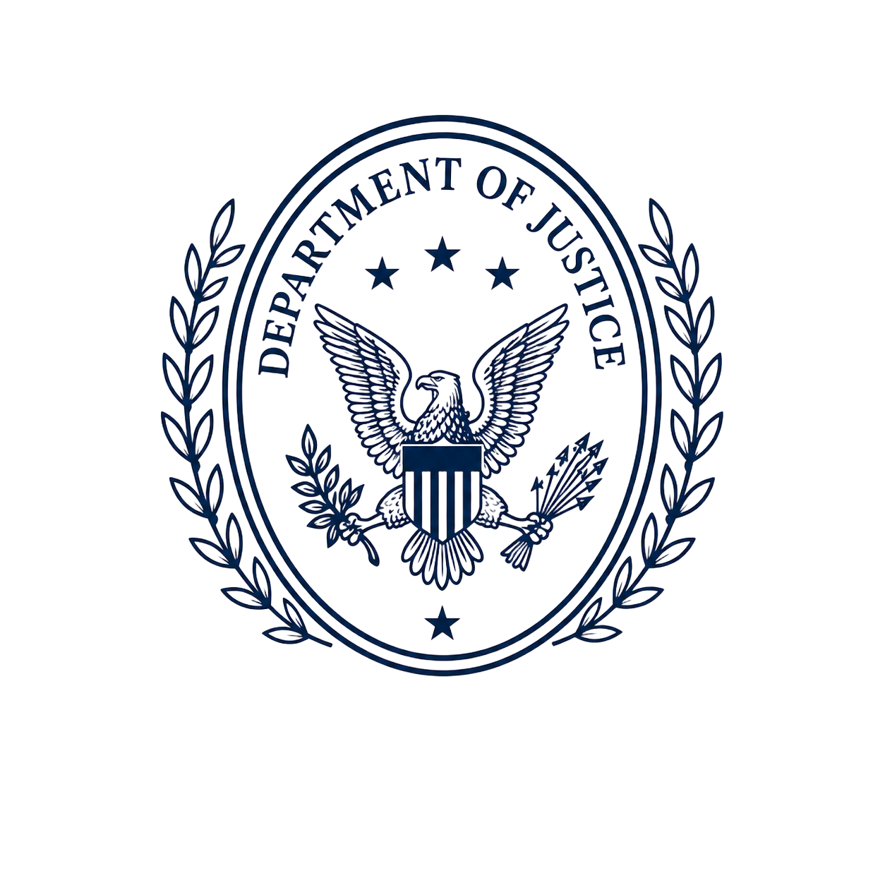 U.S. Department of Justice seal with eagle and laurel wreath in blue and white