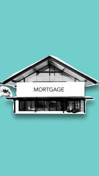 Illustration of a house with a “MORTGAGE” sign on a teal background