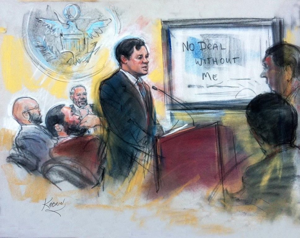 Courtroom sketch: Man speaking at a podium, sign reads 