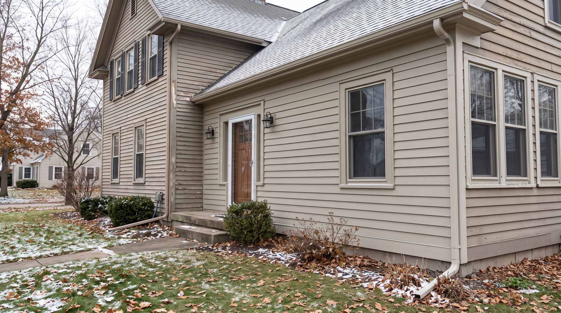 Side of a beige house with windows, a door, and light snow on the lawn and fallen leaves.