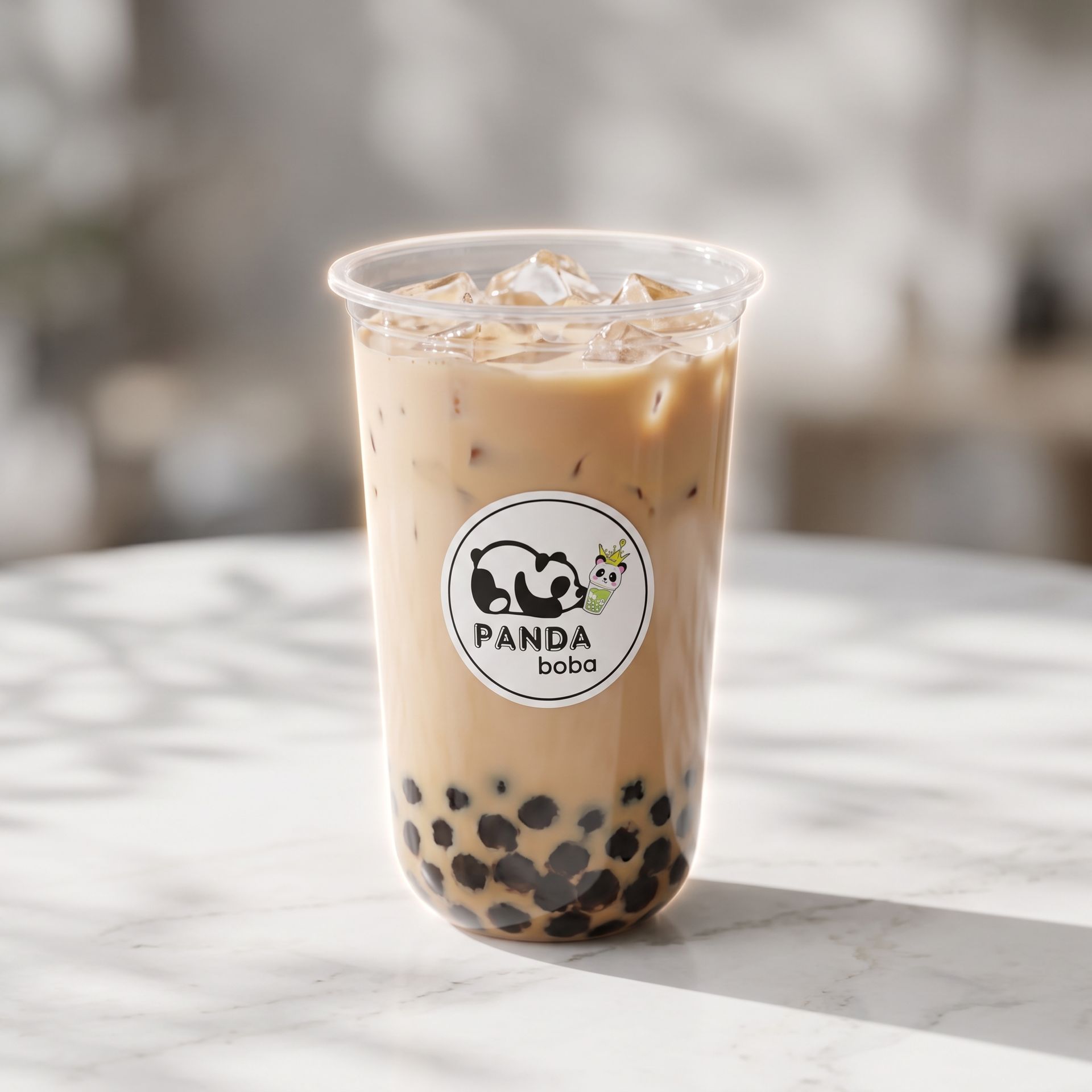 Iced milk tea with black tapioca pearls in a clear cup labeled Panda Boba on a marble table