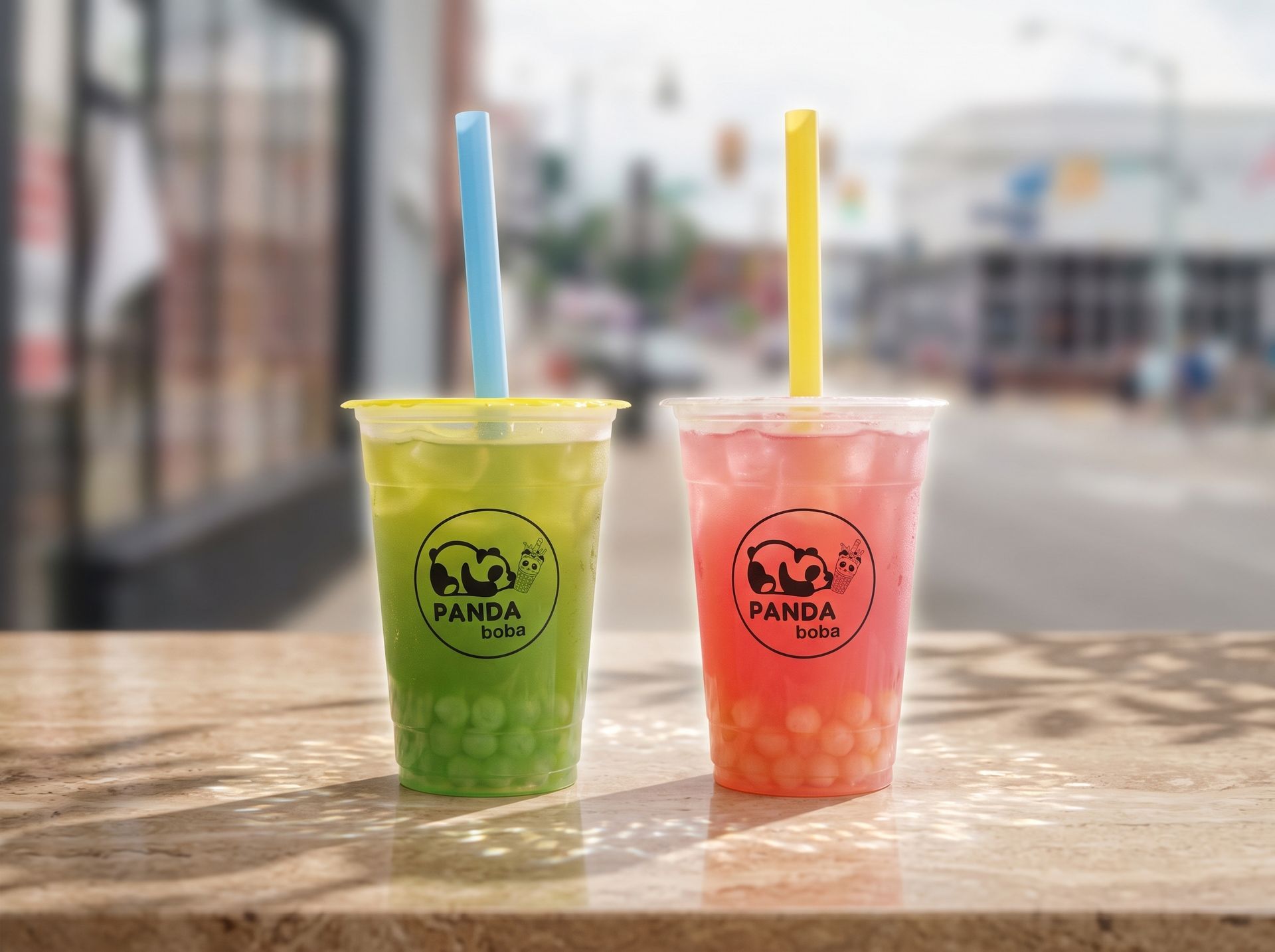 Two colorful bubble tea drinks with straws on a table outdoors, one green and one pink