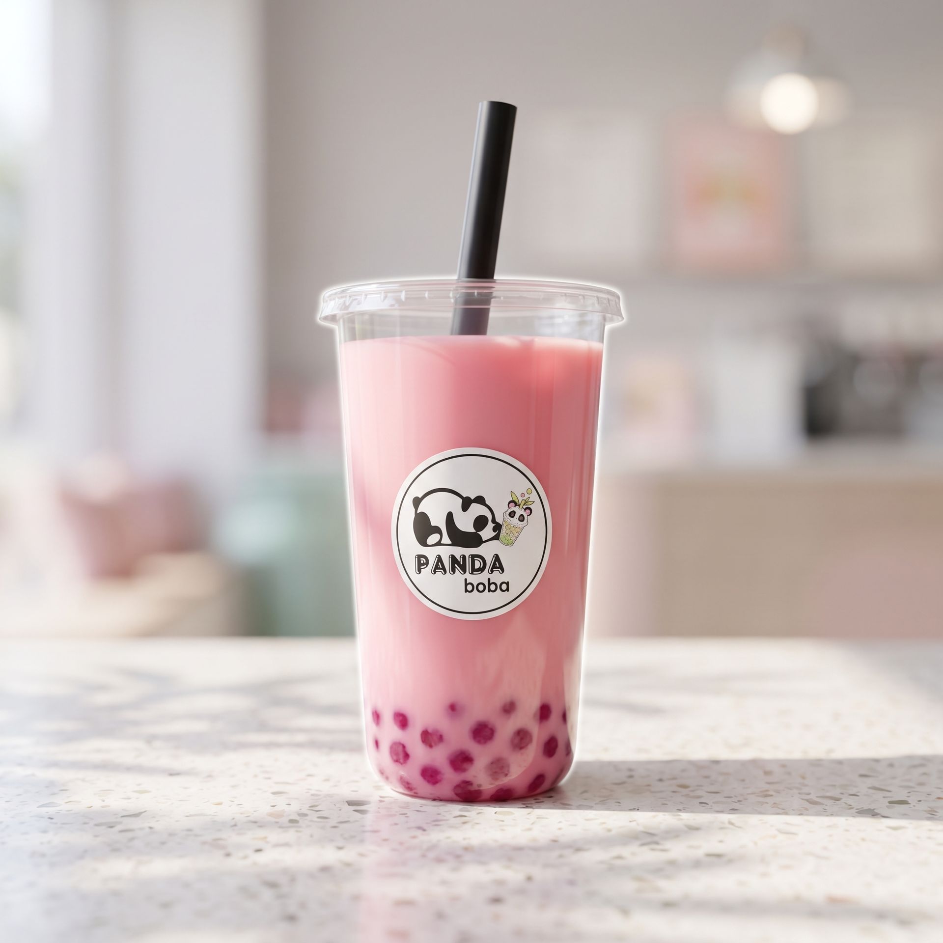 Pink bubble tea with black straw in a clear cup on a table, with a blurred cafe background