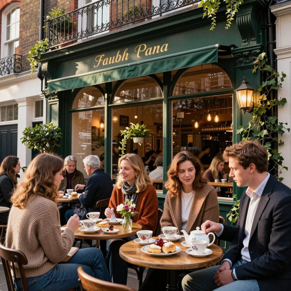 People enjoying tea at outdoor cafe,
